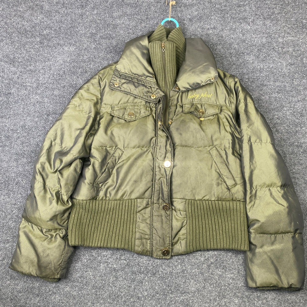Baby Phat Women Olive Green Metallic Honeycomb Puffer Jacket Bomber Large Y2K